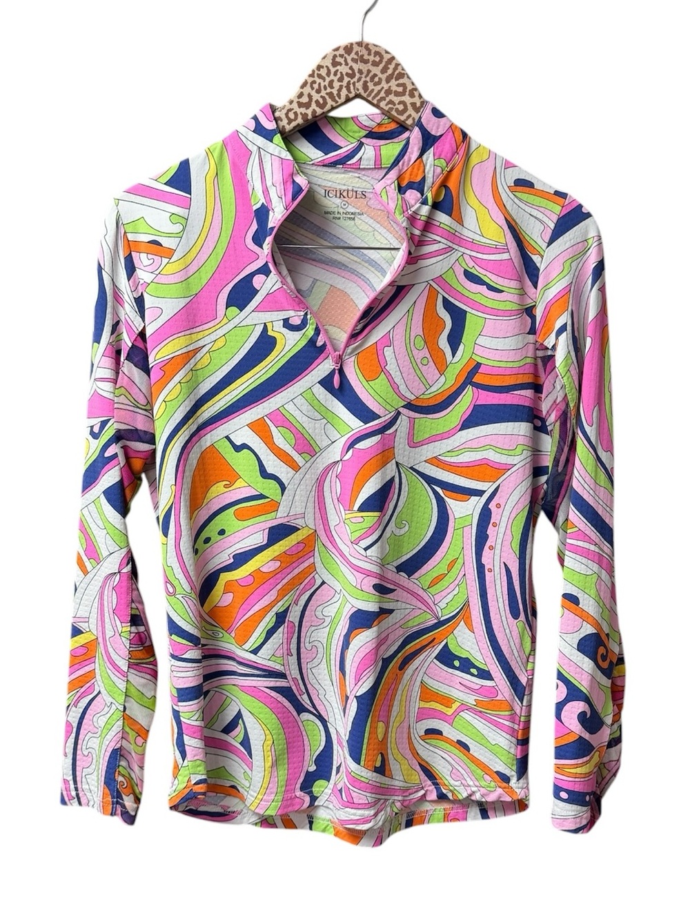Icikuls Long Sleeve Mesh 1/4 Zip Mock Neck Blouse Top Colorful Medium